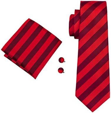 Red and Maroon Striped Silk Necktie Set with Pocket Silk and Cufflinks