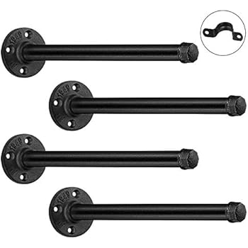 12 inch Industrial Black Iron Pipe Shelf Brackets Set of 4 - Rustic Wall Mounted DIY Shelving Brackets Hanging Custom Pipe Brackets for Floating Shelves