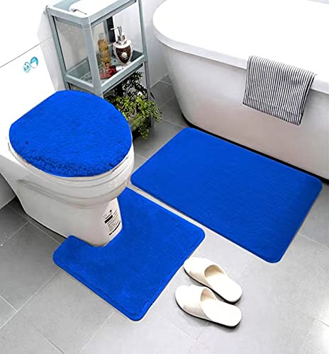 Smart Linen 3 Piece Bathroom Rug Set Includes Bath Rug, Contour Mat and Toilet Lid Cover, Machine Washable, Super Soft Microfiber & Non Slip Bath Rugs with Rubber Backing Solid (Royal Blue)