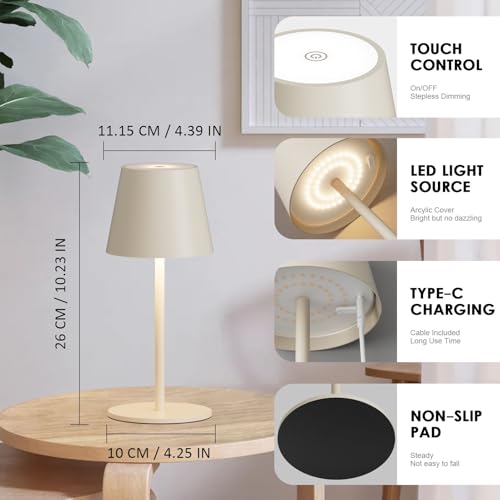 lundwa Dimmable LED Battery Table Lamp Beige 26 cm, 5000 mAh (5 V 2 A) Camping Lamp Battery Rechargeable, 3 W 3000 K Table Lamp Wireless, IP54 Outdoor Table Lamp for Restaurant, Bedroom, Garden, Office (Pack of 2)