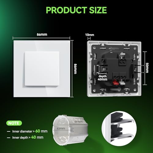 BSEED Light Switch With Glass, Wall Light Switch with Hook,Switch Switch,Push Button,Easy Installation,E-Series,1 Gang 2 Way - 2 Packs,86mm White