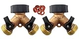A1001T Heavy Duty Brass Y 2 Way Garden Hose Connector - 2 PACK - 2 Brass 2-Way Splitter 10 Hose Washers (Brass w/Overmold)