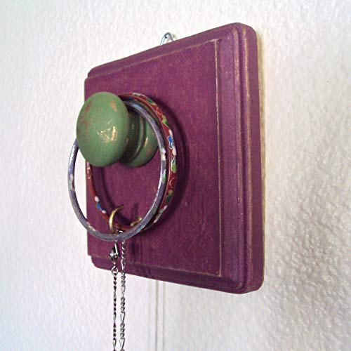 Boho Gypsy Jewelry Hook - Bohemian Necklace Holder - Decorative Wooden Key Hook - Eclectic Dorm Decor - Purple + Green Wall Hanger