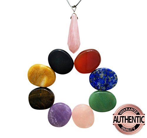 Chakra Stones 8 PCS Kit, Oval Shaped, & Pointed Rose Quartz Pendant Bundle, For Crystal Healing Meditation, Reiki or As Worry Stones or Palm Stones Thumb Stones Pocket Stones