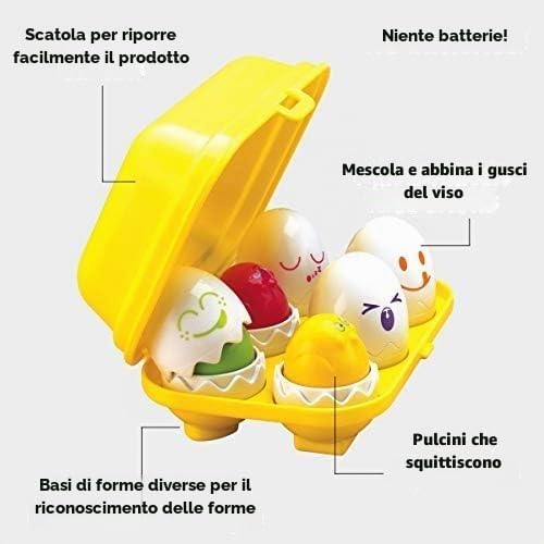 TOMY Toomies - Uova Giocattolo per Bambini con 3 Pulcini Che squittiscono e 3 Pulcini sonaglio, Colori e Forme, Giocattoli sensoriali per Bambini da 6 Mesi a 36 Mesi