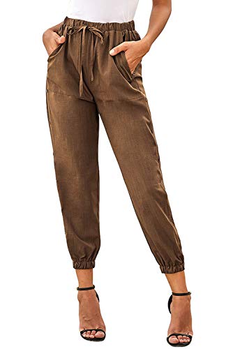 NEWFANGLE Women\'s Linen Casual Pants Drawstring Elastic Waist with Pockets Solid Comfy Loose Fit Trousers,Brown,XXL