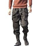 Men Low Crotch Harem Pants Elastic Waist Drawstring Joggers Stylish Baggy Hip Hop Dance Sweatpants Black Casual Multi-Pocket Techwear Trousers