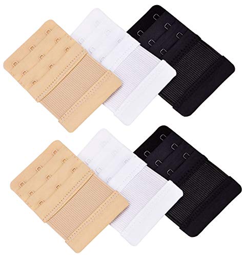 6Pcs Women Bra Extenders Bra Strap Extenders for Ladies Soft Bra Extension Strap Comfortable Set 3 Rows 3 Hooks Elastic Extender Black-Beige-White
