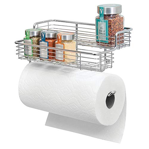 mDesign Wall Mounted Metal Paper Towel Roll Holder/Dispenser Rack Organizer with Two Tier Shelves for Glass Spice Bottles Jars for Kitchen and Pantry Storage - Chrome