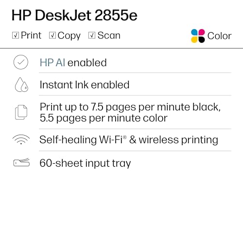 HP DeskJet 2855e Wireless All-in-One Color Inkjet Printer, Scanner, Copier, Best-for-home, 3 month Instant Ink trial included, AI-enabled (588S5A)