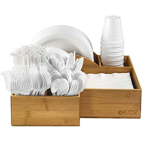 Eltow Bamboo Plate and Cutlery Organizer: Large Kitchen Spoon, Fork, Knives and Cups Holder - Stylish and Sturdy Bowl, Napkin and Tableware Dispenser - Home, Restaurant, BBQ and Picnic Plate Organizer
