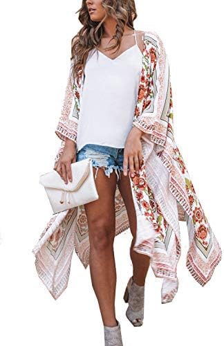 CASURESSWomen's Sheer Chiffon Blouse Tops Kimono Cardigan Floral Loose Cover Ups Outwear Plus Size