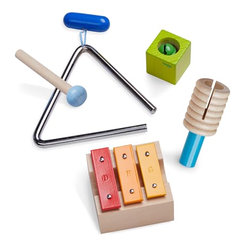 HABA 305922 Musical Sounds Musical Joy- with Its Triangle, Jingle Bell Block, Mini metallophone and Rattle, Different Sounds and Composing Simple melodies. Ages 2 and Up (Made in Germany)