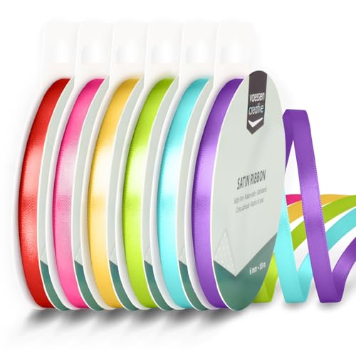 Vaessen Creative Satin Ribbon 0.24 x 32.8 ft (6 mm x 10 m) - Double-Sided Thin Ribbons for Crafting and Gift Wrapping - Rainbow Colours - 6 Pieces