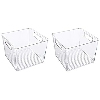 Ambergron Deep Organizer Bins with Handles, Stackable Pantry Organization and Storage Refrigerator, Freezer, Clear Container, BPA-Free, Pack of 2