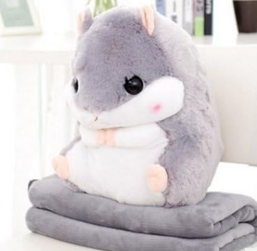 2 in 1 Cute Hamster Pillow with Fleece Blanket/ Back Support Cushion Sleeping Pillow Plush Toys Doll Gifts for Baby Kids Adults by Melissa (gray)