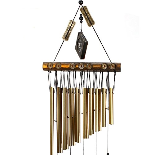 Ylyycc double row 20pieces metal tube wind chime wooden top coin decoration wind chime - Thumbnail 7