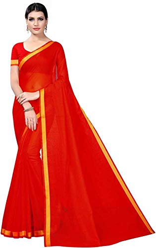 Womens Cotton Silk Saree with Blouse Piece (Red)