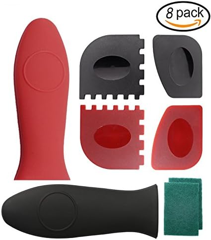 Pan Scraper Plastic Set Tool and Silicone Hot Handle Holder for Cast Iron Skillets Grill Pans and Frying Pans add Kitchen Sponge 8-Pack