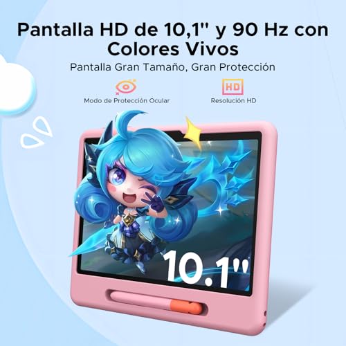 Luzglo P10 Kid Tablet 10 Inch, Android 16 Tablets, Gemini AI, 90Hz, 32GB RAM+64GB ROM, 7000mAH, 5G WiFi, Face ID, OTG, GPS, Tablet with Pencil, Tablet for 7-10 Years, Pink