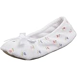 Isotoner Women's Embroidered Terry Ballerina (Medium - 6.5-7.5, White)