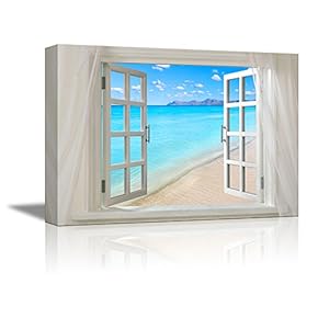 Canvas Prints Wall Art - Glimpse into Clear Sea and Beach Out of Open Window | Modern Wall Decor/Home Decoration Stretched Gallery Canvas Wrap Giclee Print & Ready to Hang - 24" x 36"
