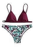 SweatyRocks Women's Sexy Bikini Swimsuit V Neck Fresh Leaves Print Swimwear Set L,0#burgundy
