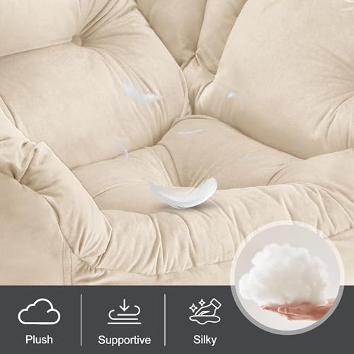 Zedachica Lazy Chair with Ottoman, Modern Upholstered Accent Armchair with Foot Stool, Lounge Reading Chair for Adults, Leisure Living Room Armchair with Side Pocket for Bedroom, Dorm, Beige