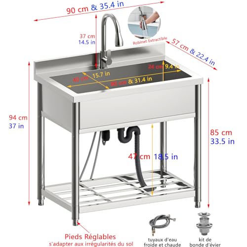 Vockol Large Stainless Steel Freestanding Sink, 90 cm Kitchen Sink with Pull Out Faucet, Freestanding Sink for Outdoor, Kitchen, Restaurant, Garage, Laundry Room, Jardi