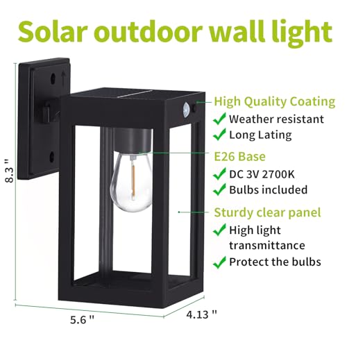 MDENLT 2 Pack Solar Porch Lights Outdoor,Solar Wall Lights with 3 Modes&Motion Sensor,Dusk to Dawn Sconce Lights Wall Mount,Exterior Wall Lantern Light Fixture for House,Garage,Patio,Shed,Black