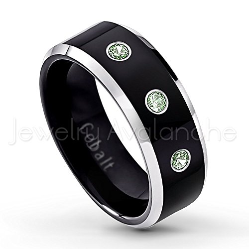 8mm Black Ion Plated & Beveled Edge Comfort Fit 2-Tone Cobalt Ring with 0.21ctw Alexandrite 3-Stone Wedding Band - June Birthstone Ring