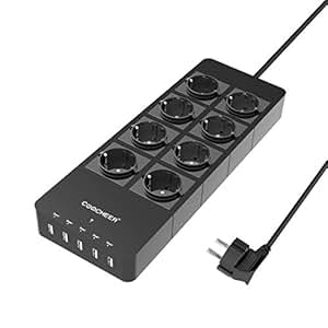 Ladron Enchufes BESTEK Regleta Enchufes Con 4 Tomas Con Interruptores Individuales (1,8 M, 3600w, Protección Para Niños), Color Negro Con Luz Azul Regleta Usb Carga Rapida 3.0