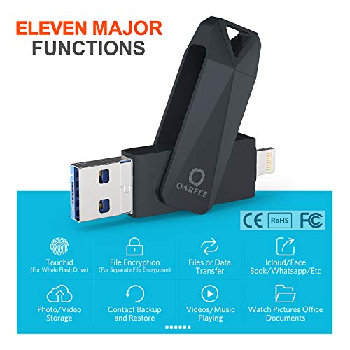 Universal Flash Drive 128 GB, QARFEE USB 3.0 Jump Drive External Storage Memory Stick Pen Flash Drive Compatible for iPhone, iPad, iPod, Mac, iOS/Android Phone and PC, Black-Gray