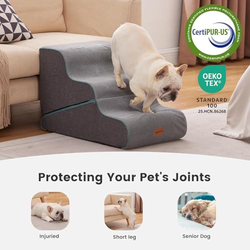 Gardner Pet 2-in-1 Dog Steps for Bed, Adjustable 3-Steps High Density Foam Dog Ramp for Sofa, Water Resistant Pet Stairs with Non Slip Bottom, Suitable for Puppy, Small Animals, Grey