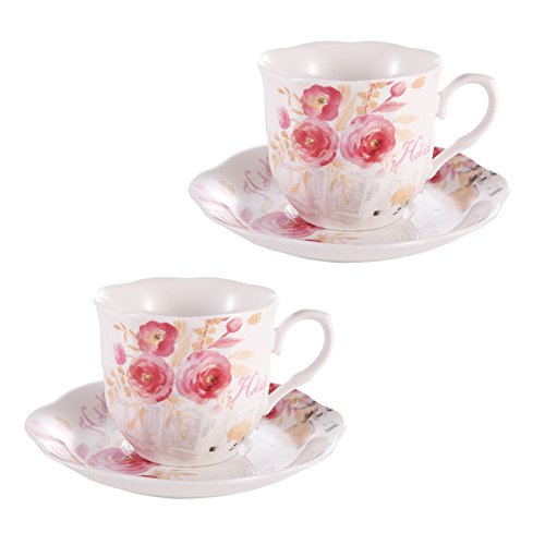 Bone China Tea Cups Coffee Cups and Saucers Sets of 2 Rose Painting Pattern Espresso Cups 7oz - Thumbnail 6