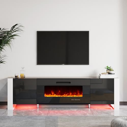 Jocisland 80" Fireplace TV Stand with 40" Electric Fireplace, Entertainment Center with High Gloss Doors & LED Lights, Modern Entertainment Stand for TVs up to 90", Black