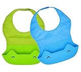 2 Pack Waterproof Silicone Baby Bibs with Comfortable Fabric Neck, Easi-roll Feeding Bib with Food Catcher Pocket, Blue/Green, Homwe