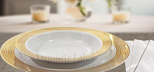 "Exquisite Lablel" White with Gold Heavyweight Plastic Elegant Disposable Plates, Wedding Party Elegant Dinnerware, Striped Collection (40, 10.25" Dinner Plates)