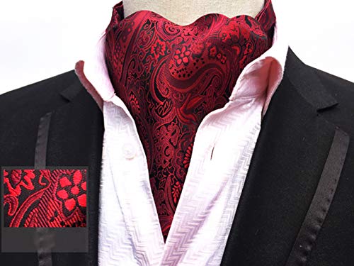 MENDENG Mens Blue Red Grey Paisley Jacquard Woven 100 percent Silk Cravat Necktie Ascot,Red,One Size - Thumbnail 3