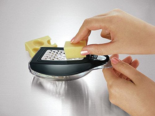 Simposh Palm Grater - Comfortable Compact Handheld Mouse Grater. Stands vertically horizontally hang on hook. Peeler slicer grater zester all-in-one. Food storage compartment. 3 stainless steel blades - Thumbnail 2
