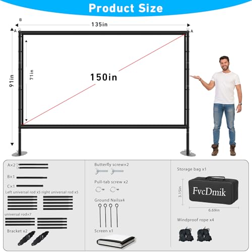 150 inch Projector Screen with Stand, 16:9 4K HD Portable Outdoor Movie Screen, Wrinkle-Free Foldable Indoor Projection Screen with Carry Bag & Ground Nails for Backyard Cinema Home Theater