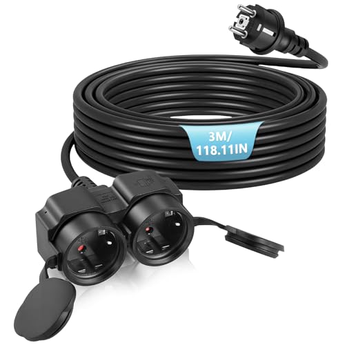 BOSYTRO Power Extension Cord, Waterproof Outdoor Plug with 2 Outlets and Dust Covers, Extension Plug for Indoor and Outdoor Max 3500W 16A 250V IP44 Cable