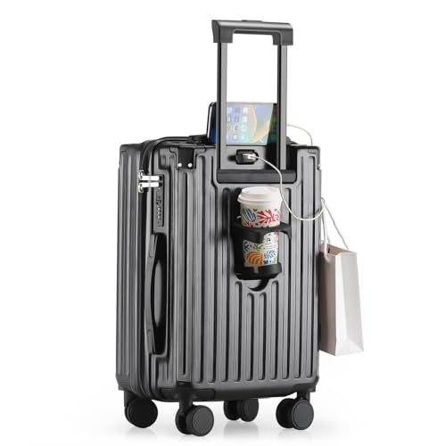 TIYFIY 20in carry on luggage with 360° Spinner Wheel airline approved TSA lock luggage case with Cup Holder USB Port travel suitcases with wheels lightweight PC Material (Black)