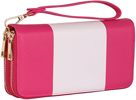 AimTrend Women’s Fashion Multi Color PU Leather Zippered Clutch Wristlet Wallet Handbag with Wrist Band, Fuschia/White