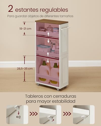 VASAGLE 4 Tier Slim Storage Trolley Kitchen Shelf with Wheels with Handle Small Space 20 x 43.2 x 86.5 cm Bathroom Laundry Rustic Cream White and Honey Brown LRC051K01