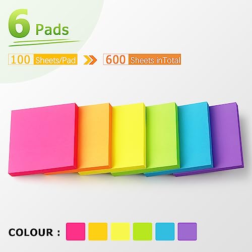 Sticky Notes 3x3 inch Bright Colors SelfStick Pads 6 Pads/Pack 100