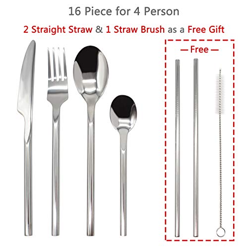 BLUE JAR HOME Cutlery Set, 19-Piece Stainless Steel Flatware Set Service for 4, Tableware Silverware with Spoon, Knife, Fork, Straws and Cleaning Brush, Mirror Polished and Dishwasher Safe