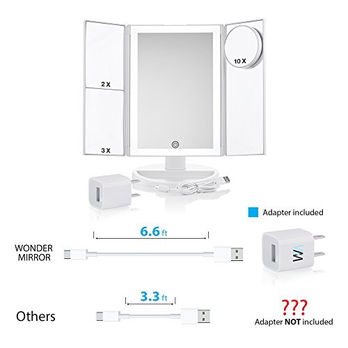 Lighted Makeup Mirror with Magnification - Trifold Desktop+10x Magnifying Cosmetic Mirrors - Vanity Makeup Mirror with Led Lights - Battery or Electric - Already equipped with long 6.6 ft Cord+Charger