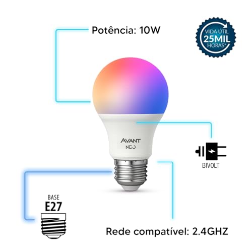 Kit 5 Lâmpadas AVANT NEO Smart LED 10W E27 Dimerizável RGB Compatível com Alexa e Google Home Controle voz Wifi Casa Inteligente Tuya