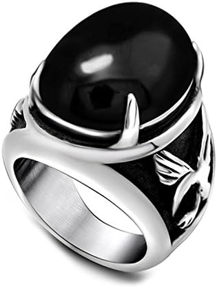 Claire Jin Tercel Eagle Pattern Black Agate Titanium Steel Men Jewelry Statement Big Ring Couple Rings Vintage Jewellery